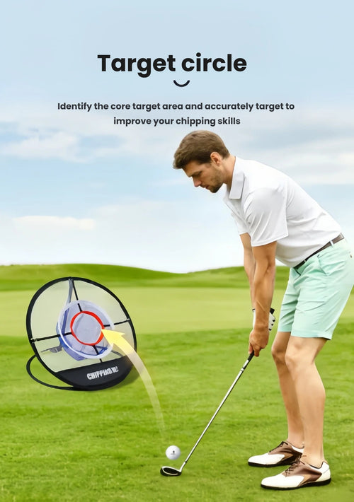 Caiton golf chipping net angled view showing spring-steel pop-up frame and mesh body