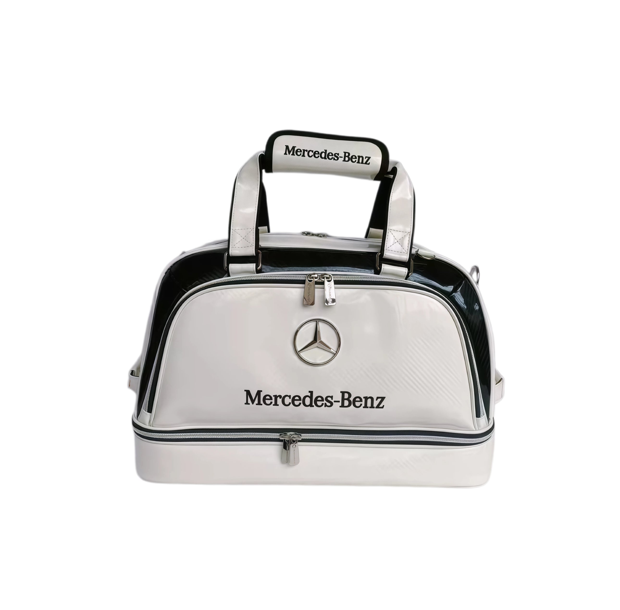 White glossy Mercedes-Benz duffel with carbon-fibre side panels, chrome star logo, branded handle wrap and dual-zip lower compartment