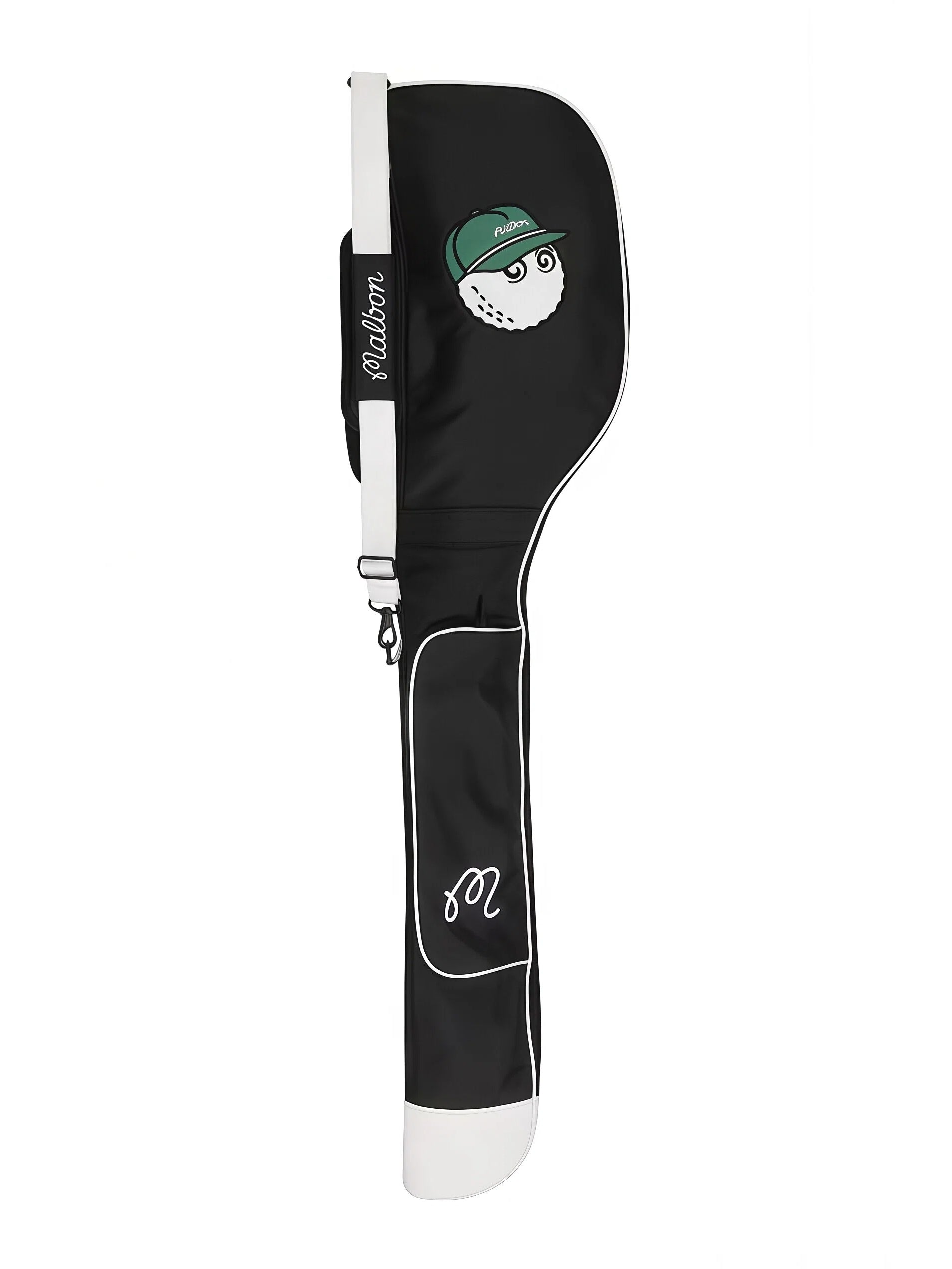 Black Malbon Golf Sunday carry bag with white piping, shoulder strap and green-visor Buckets mascot logo, side profile