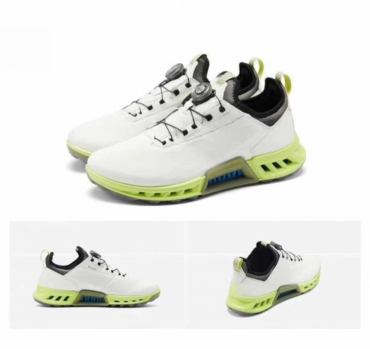 men’s breathable leather golf shoes in White & Yellow, pair and multi-angle views