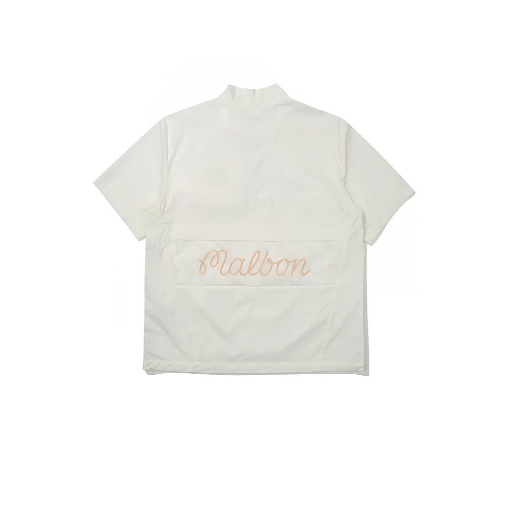Malbon Unisex Quarter-Zip Golf Polo Shirt in white — back view with peach Malbon embroidery