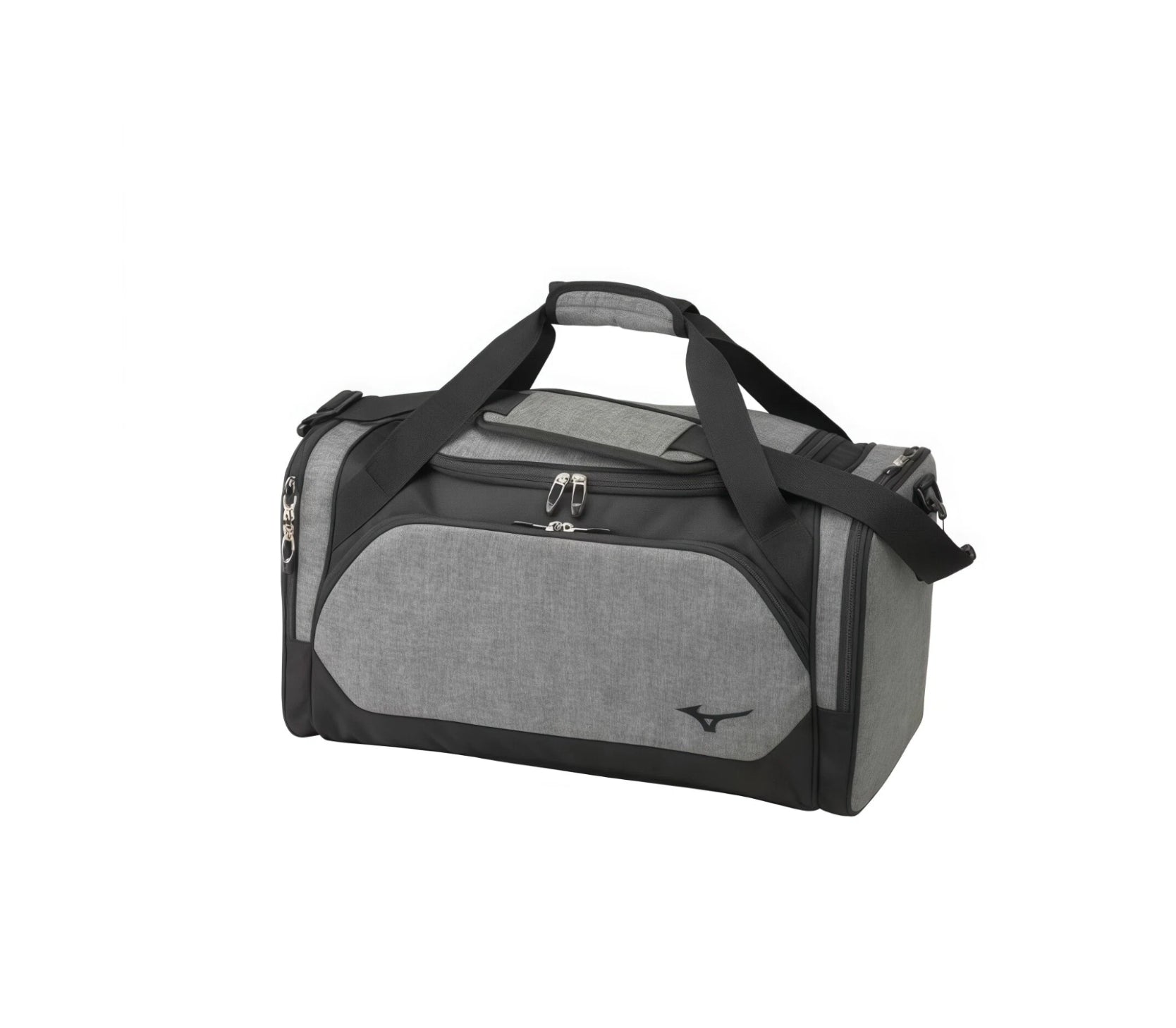 Grey marle Mizuno Team duffel bag, front angle showing black trim and dual zipper pulls on main compartment