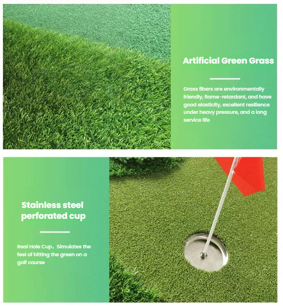 Indoor golf putting mat top-down view showing distance markings and alignment line