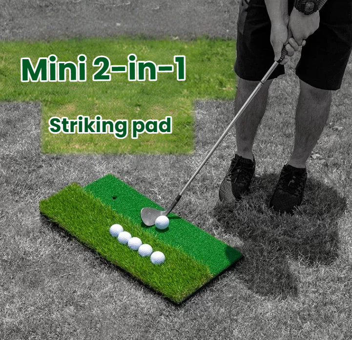 Portable golf swing mat with rubber tee installed for iron and driver practice
