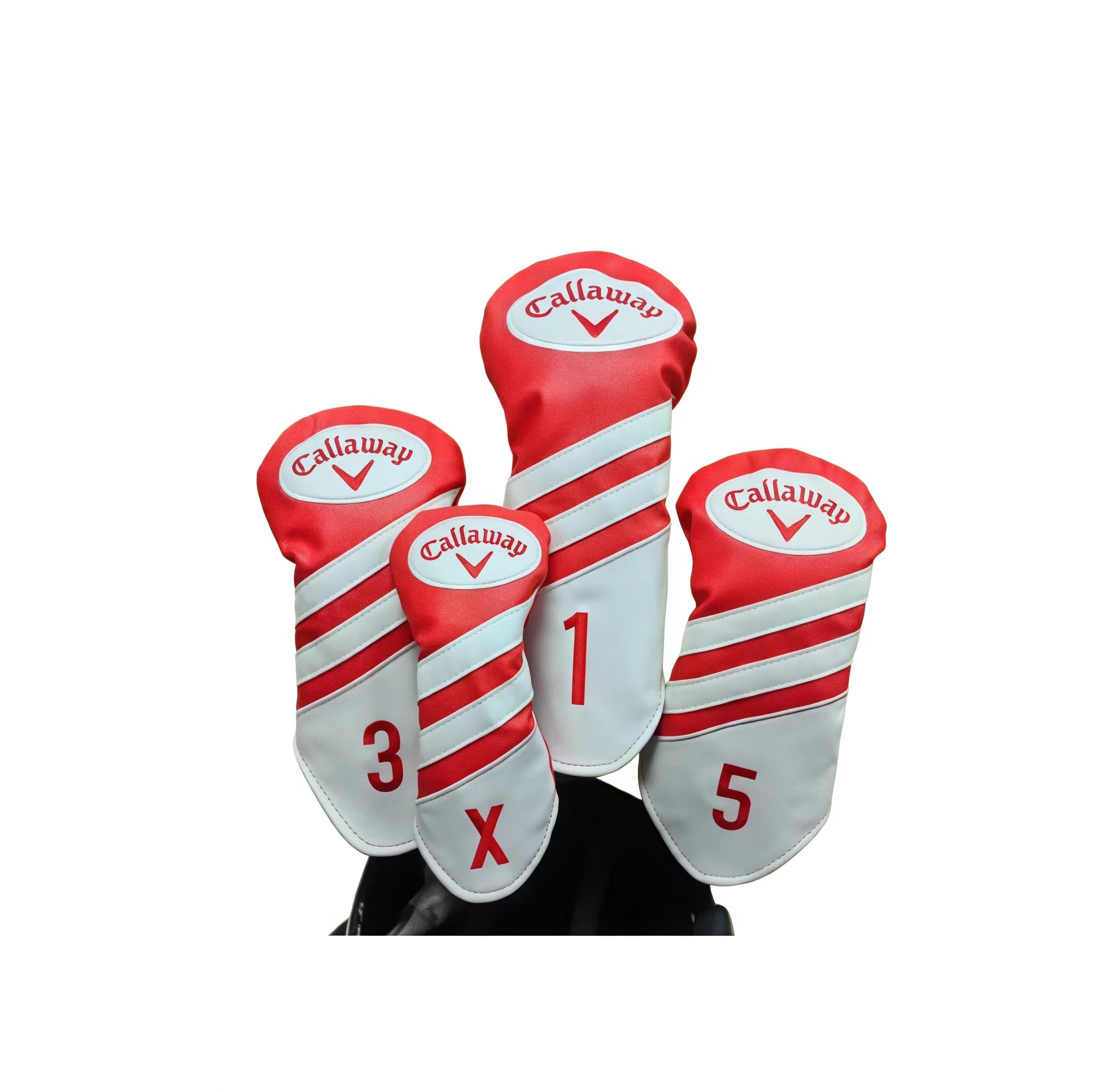 Red and white striped Callaway golf wood headcover set of four standing upright, oval logo and numbers 1, X, 3 and 5