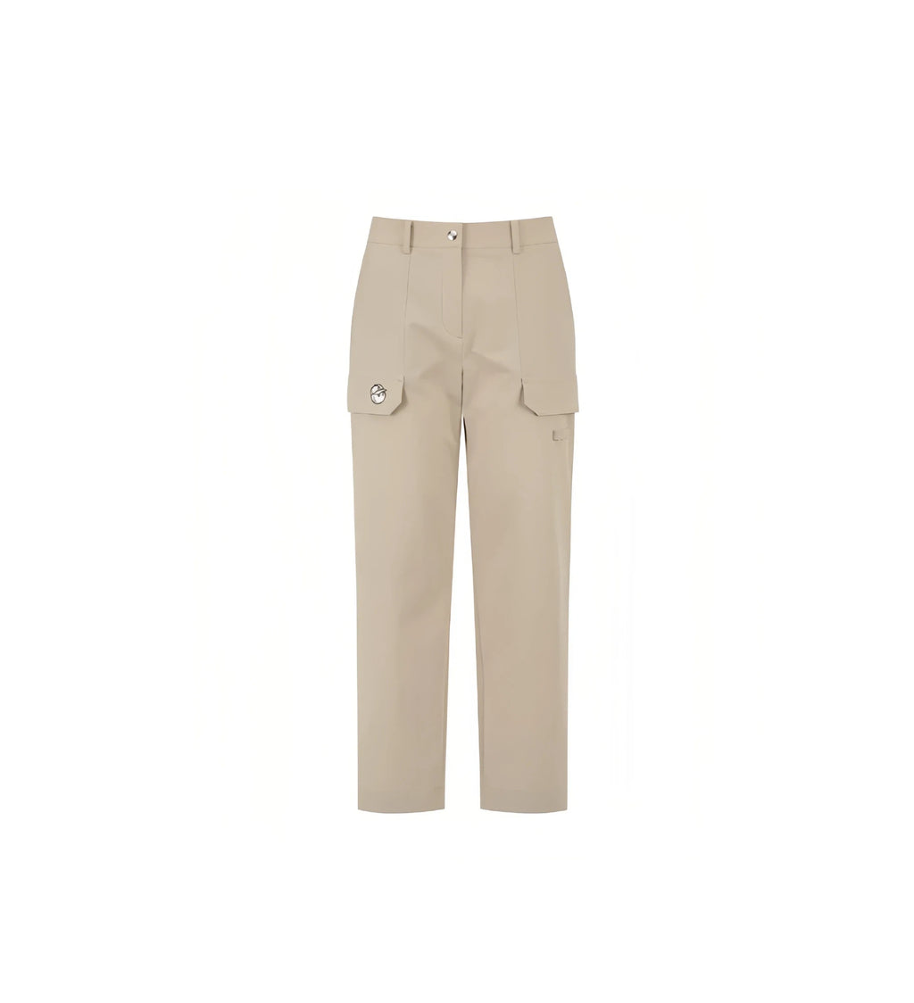 Malbon Women's Straight-Leg Golf Pants in khaki — front flat lay with cargo flap pockets
