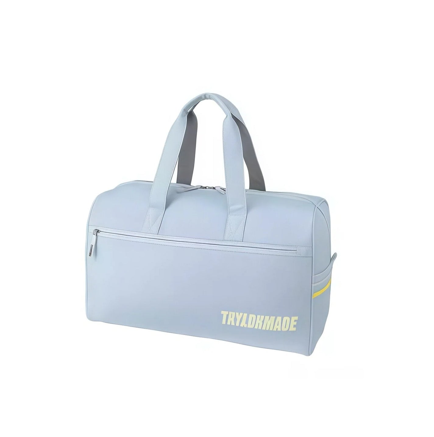 Pale blue TaylorMade golf duffel bag with cream block lettering, twin top handles and yellow side stripe accent