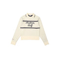 Malbon Women's Knit Golf Sweater Polo in apricot — front flat lay with Malbon Golf cursive embroidery