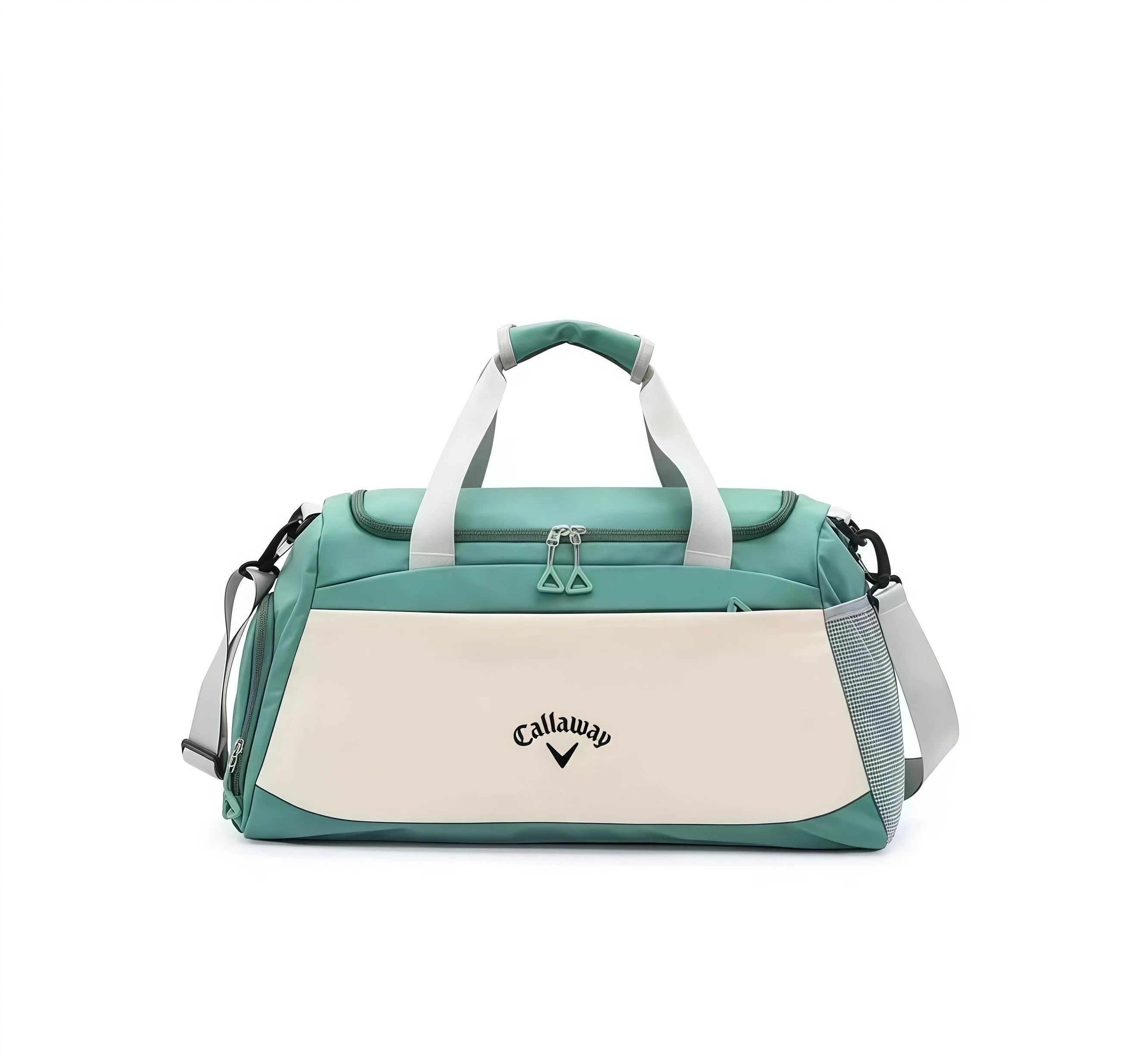 Mint green and cream Callaway Sport Hanba 1984 boston bag with side mesh pocket and embroidered Callaway logo, front view
