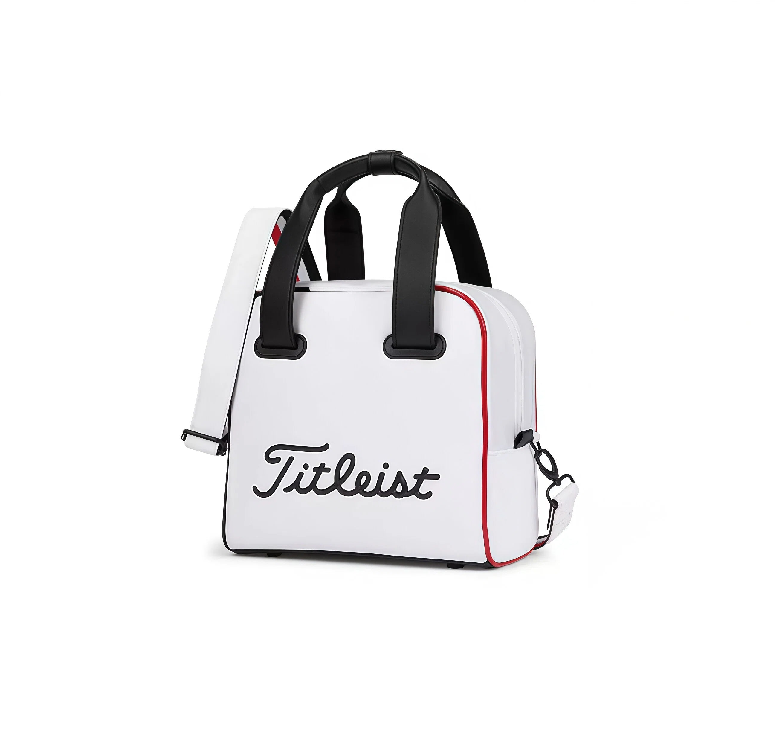 White Titleist mini golf gear bag with black twin top handles, red piping trim and embroidered Titleist script, three-quarter view