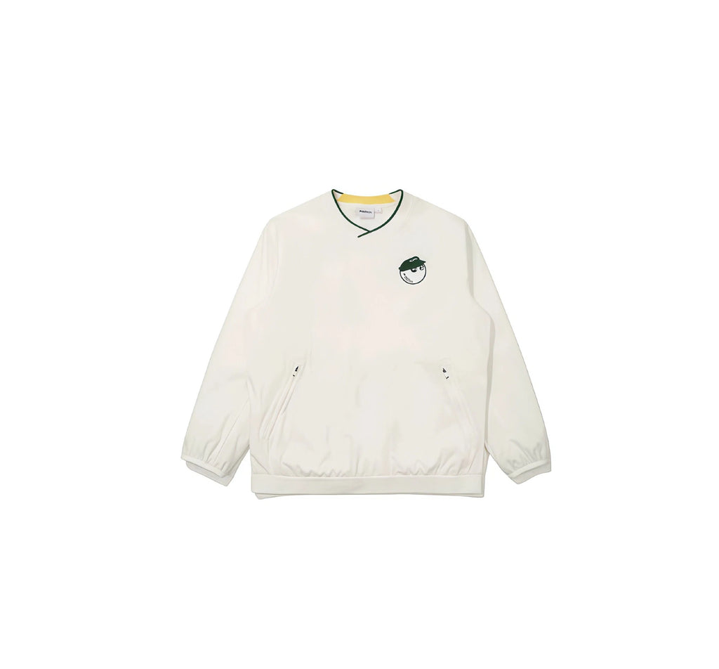 Malbon men's long-sleeve V-neck golf pullover in white with green V-neck piping, embroidered chest patch and zip side pockets
