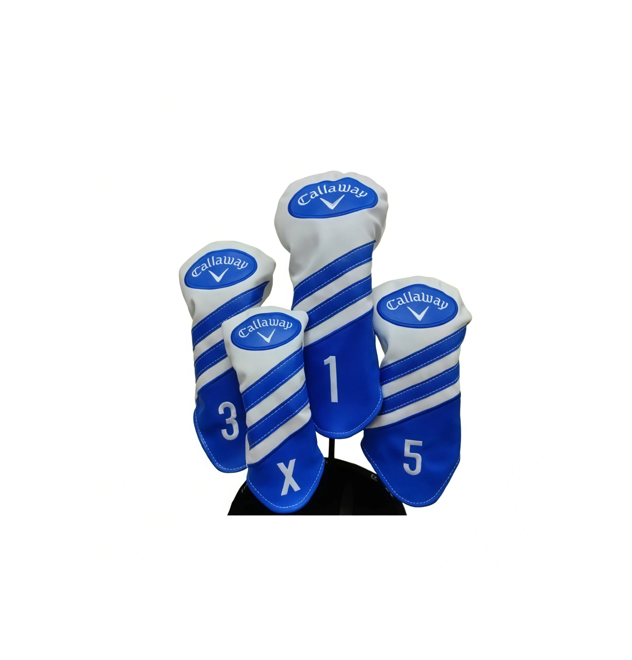 Blue and white striped Callaway golf wood headcover set of four, oval logo and numbered 1, X, 3 and 5 driver to fairway