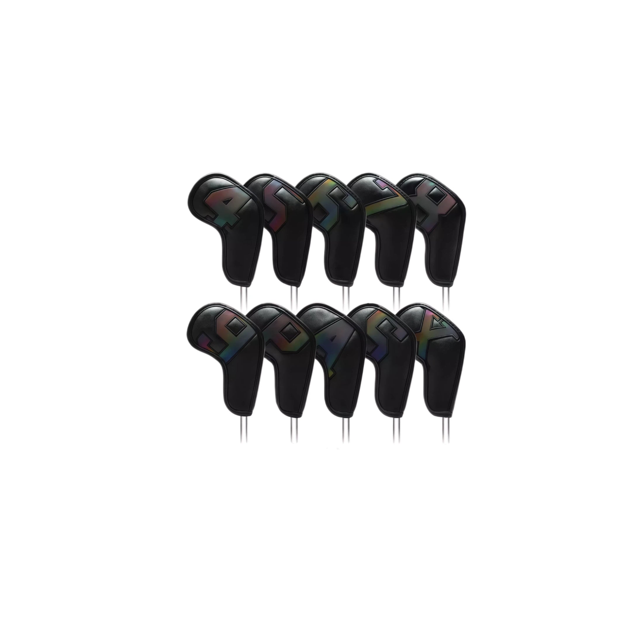 Black waterproof golf iron headcovers with rainbow holographic numbers 4-9, P, A, S, X, full set lined up