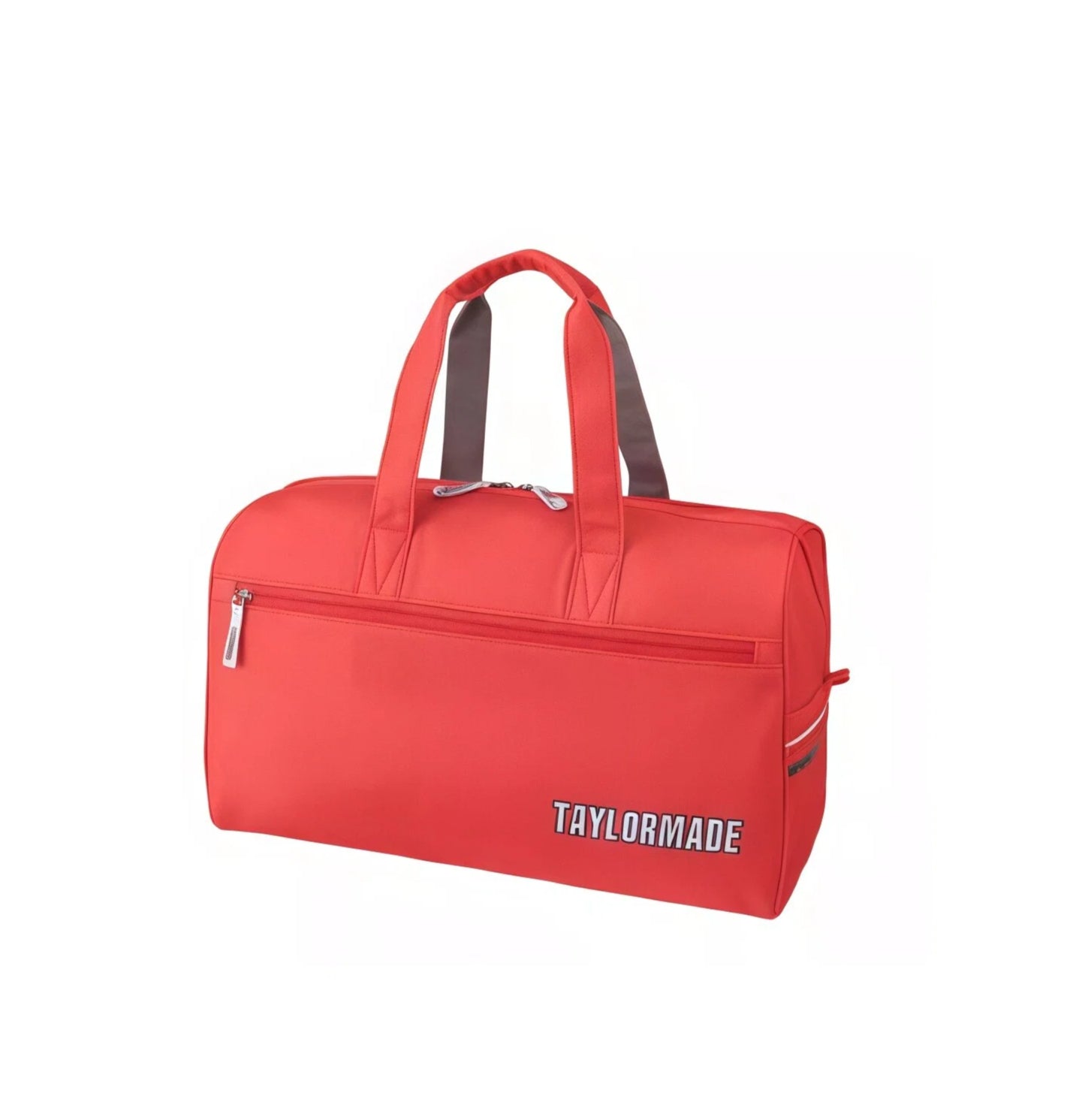 Red TaylorMade golf duffel bag, front view with outline TAYLORMADE lettering, padded twin handles and front zip pocket