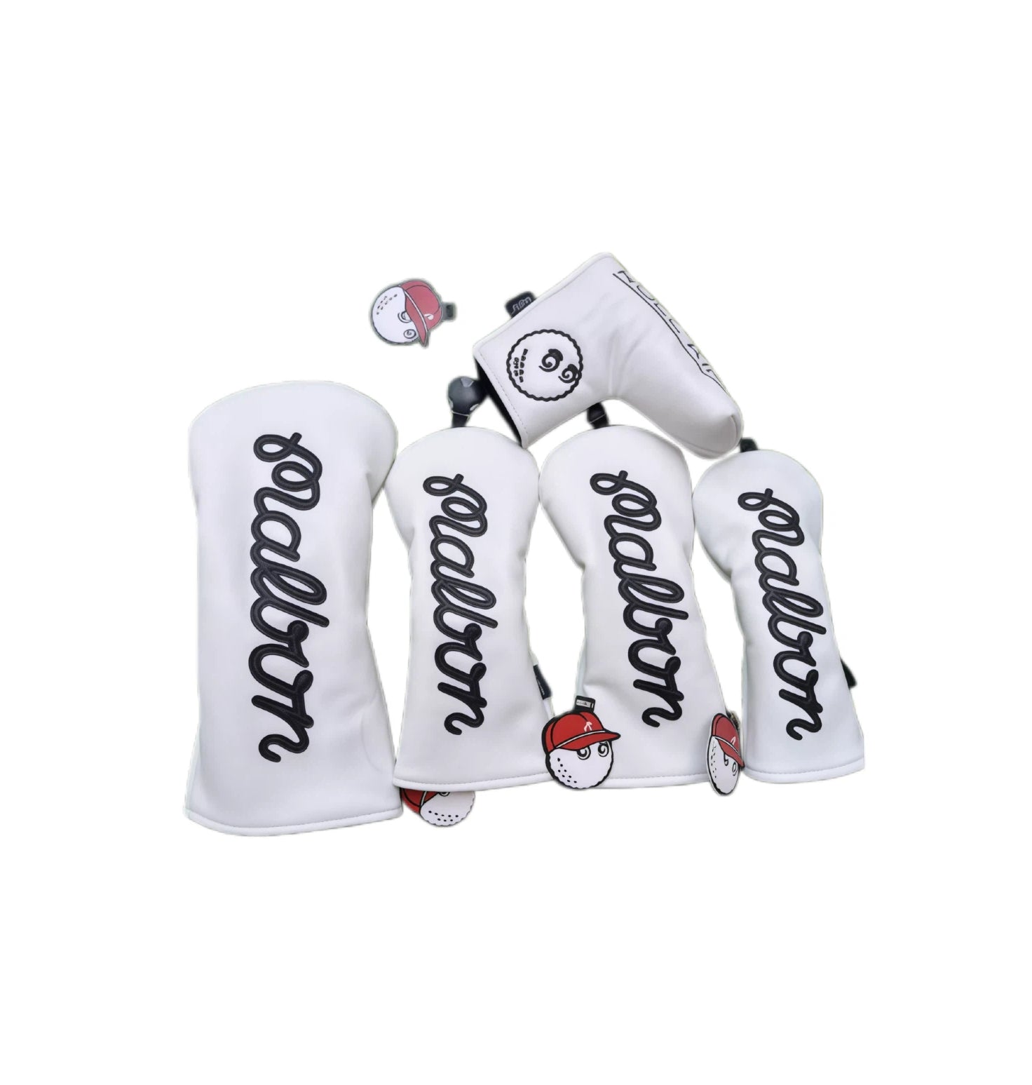White Malbon Golf headcover set including driver, fairway, hybrid covers and a blade putter cover with black script