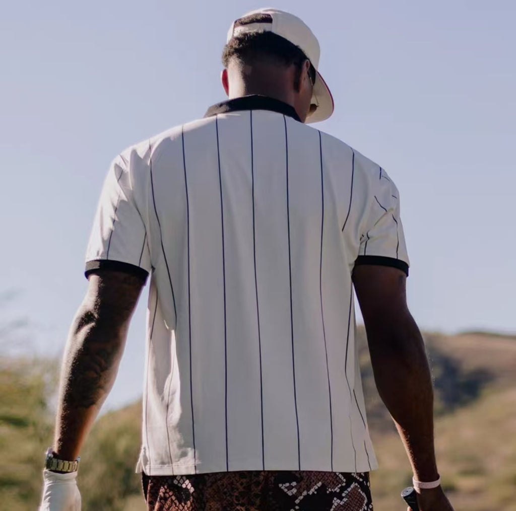 Devereux striped golf polo full outfit on male model