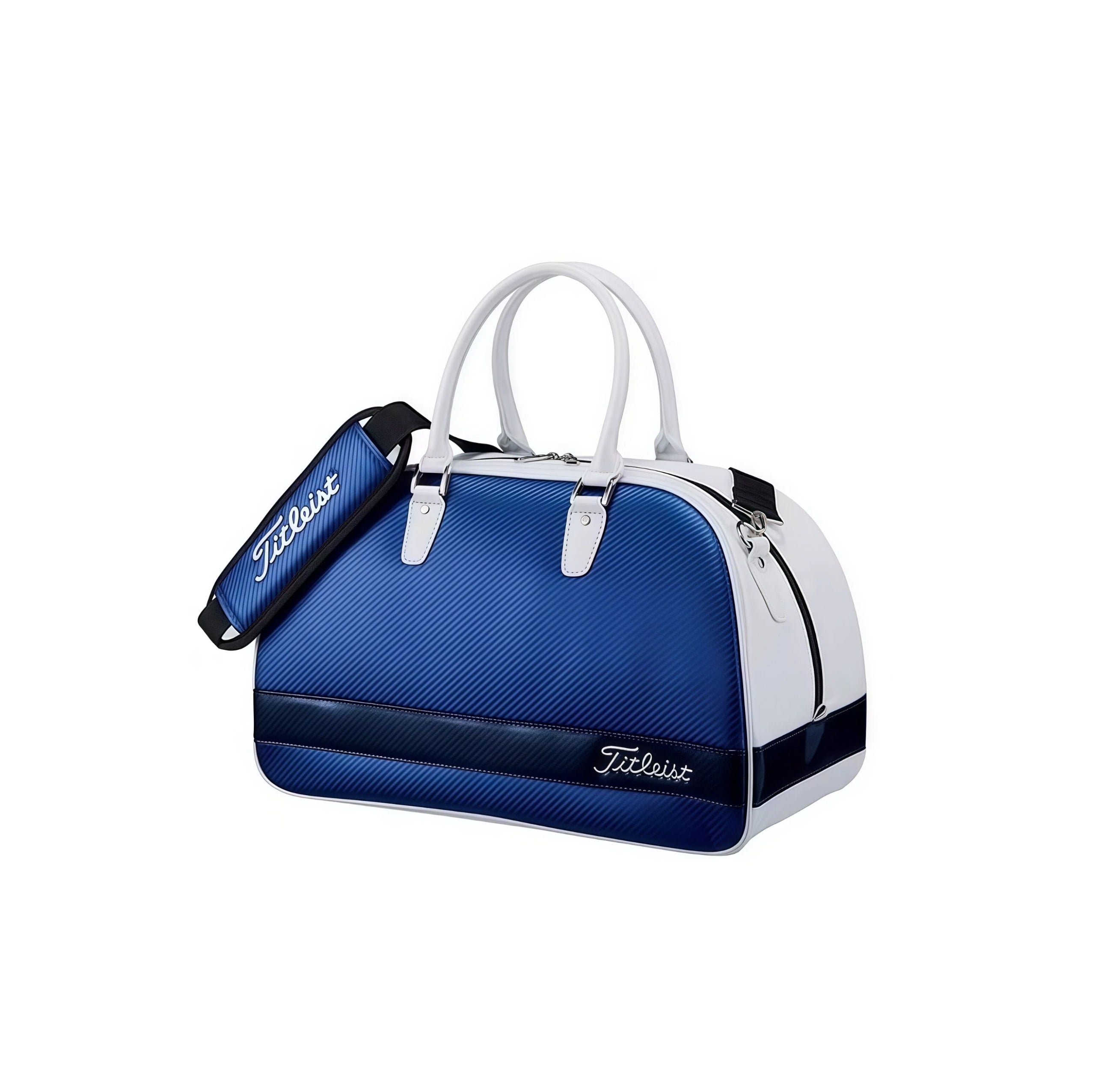 Royal blue and white Titleist carbon gloss duffel, three-quarter view with white tube handles, navy stripe and padded carbon shoulder strap