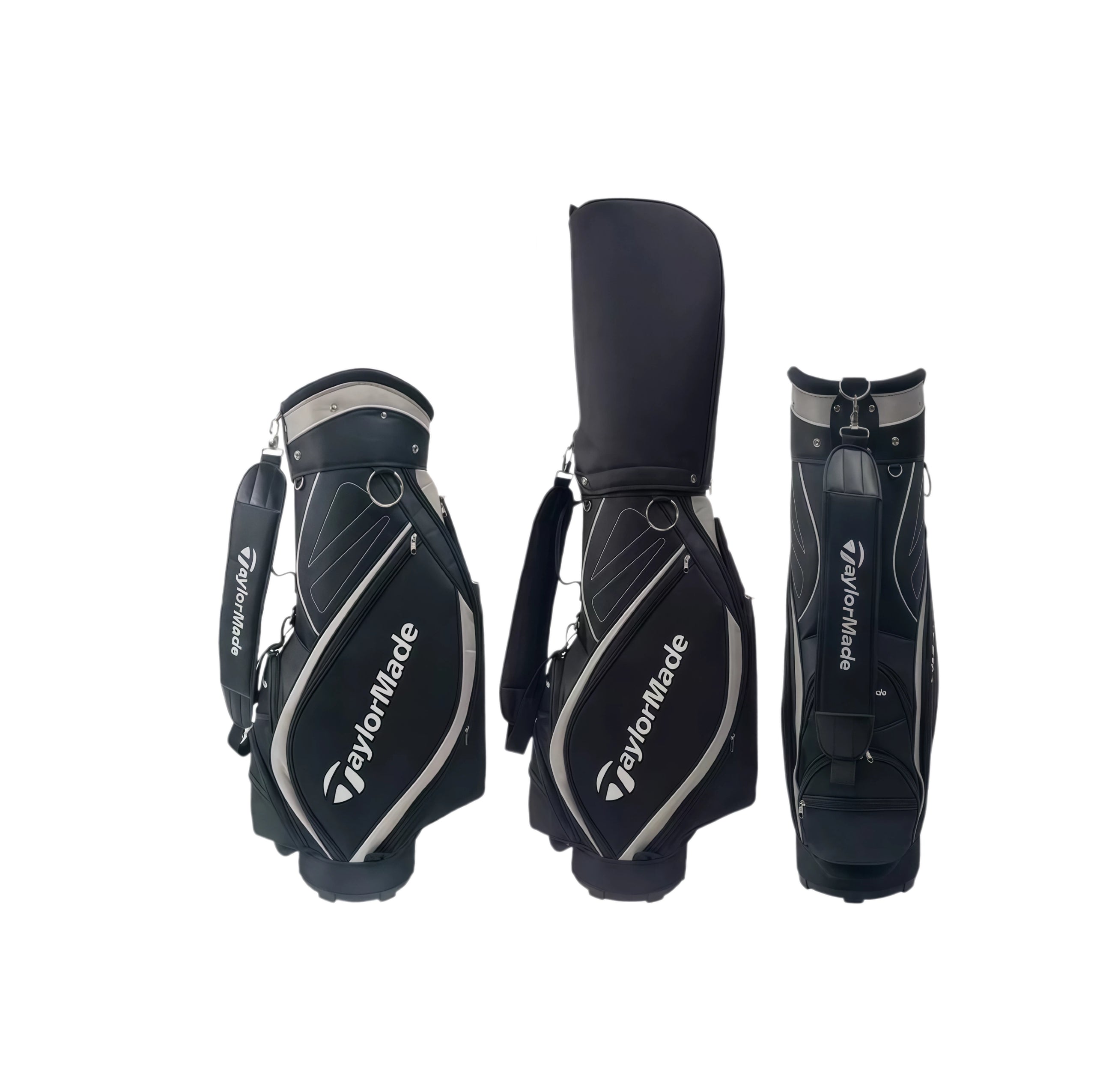 Black and silver TaylorMade Premium cart bag from front, hood-open and back angles showing branded strap and TaylorMade logo