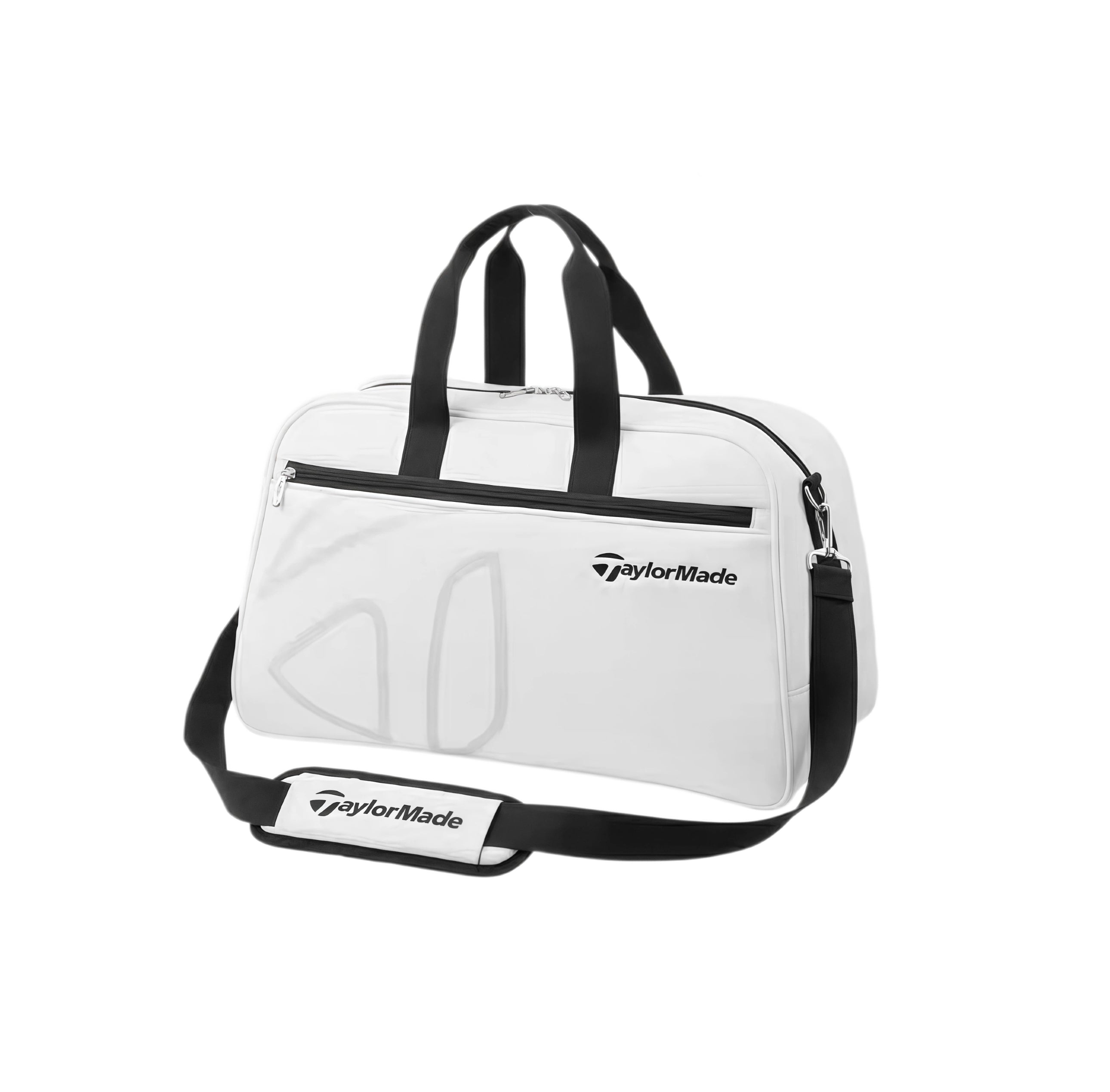 White TaylorMade Auth-Tech Boston bag with black top handles, padded shoulder strap and embossed logo, three-quarter front view