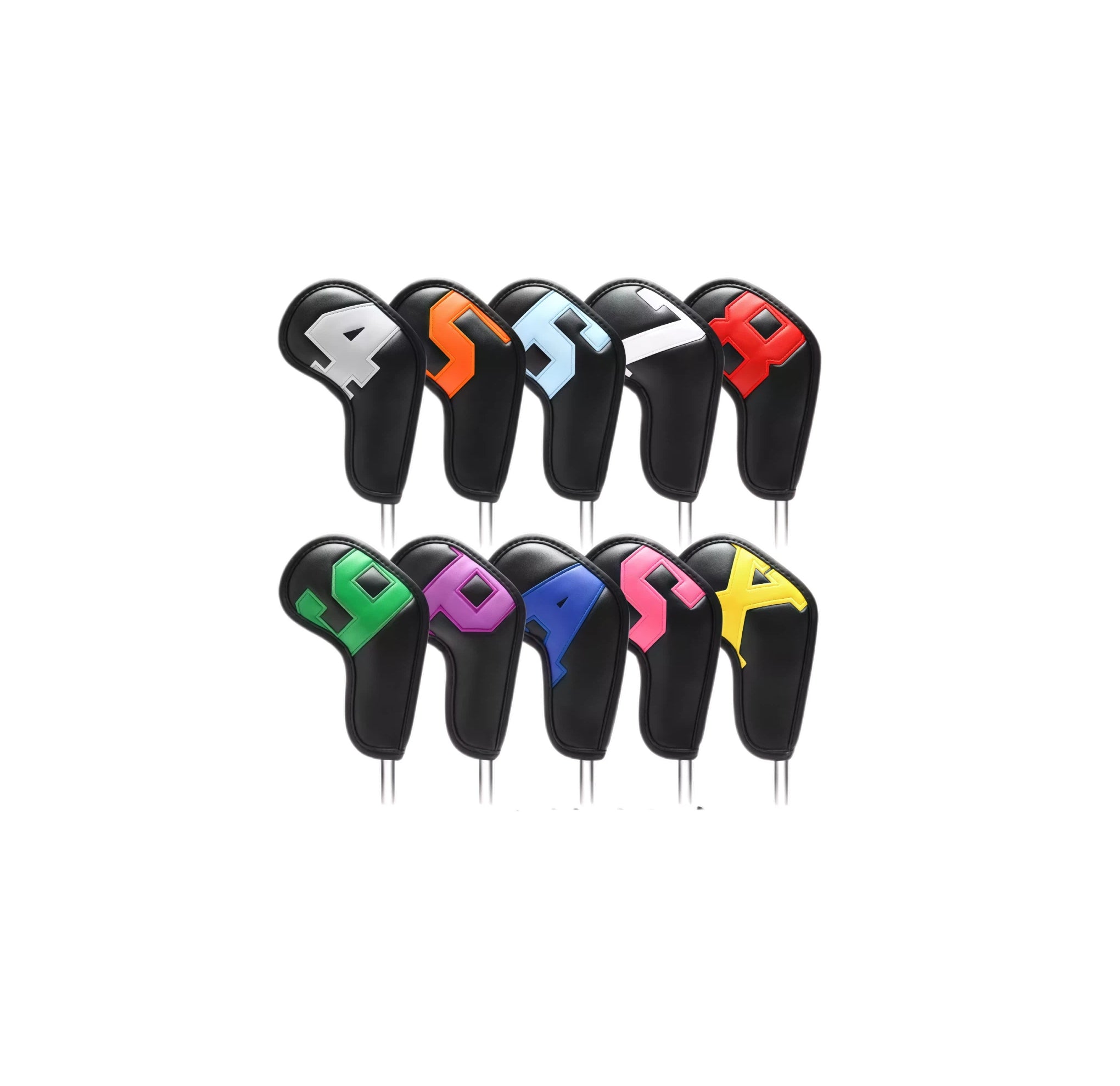 Black waterproof golf iron headcovers with bright coloured numbers 4-9, P, A, S, X on white shafts