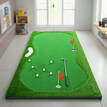 Indoor golf putting mat hole detail with raised ball-stop baffle