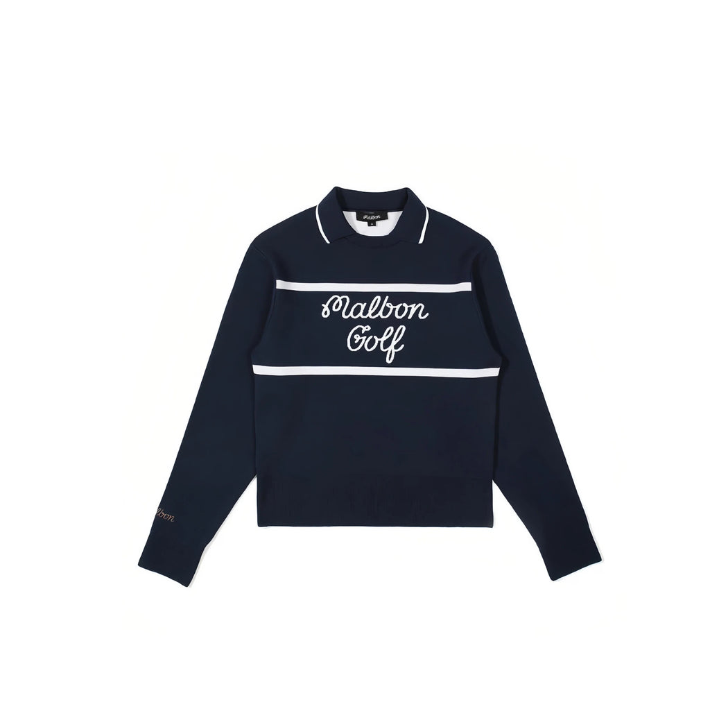 Malbon Women's Knit Golf Sweater Polo in navy blue — alternate colourway flat lay