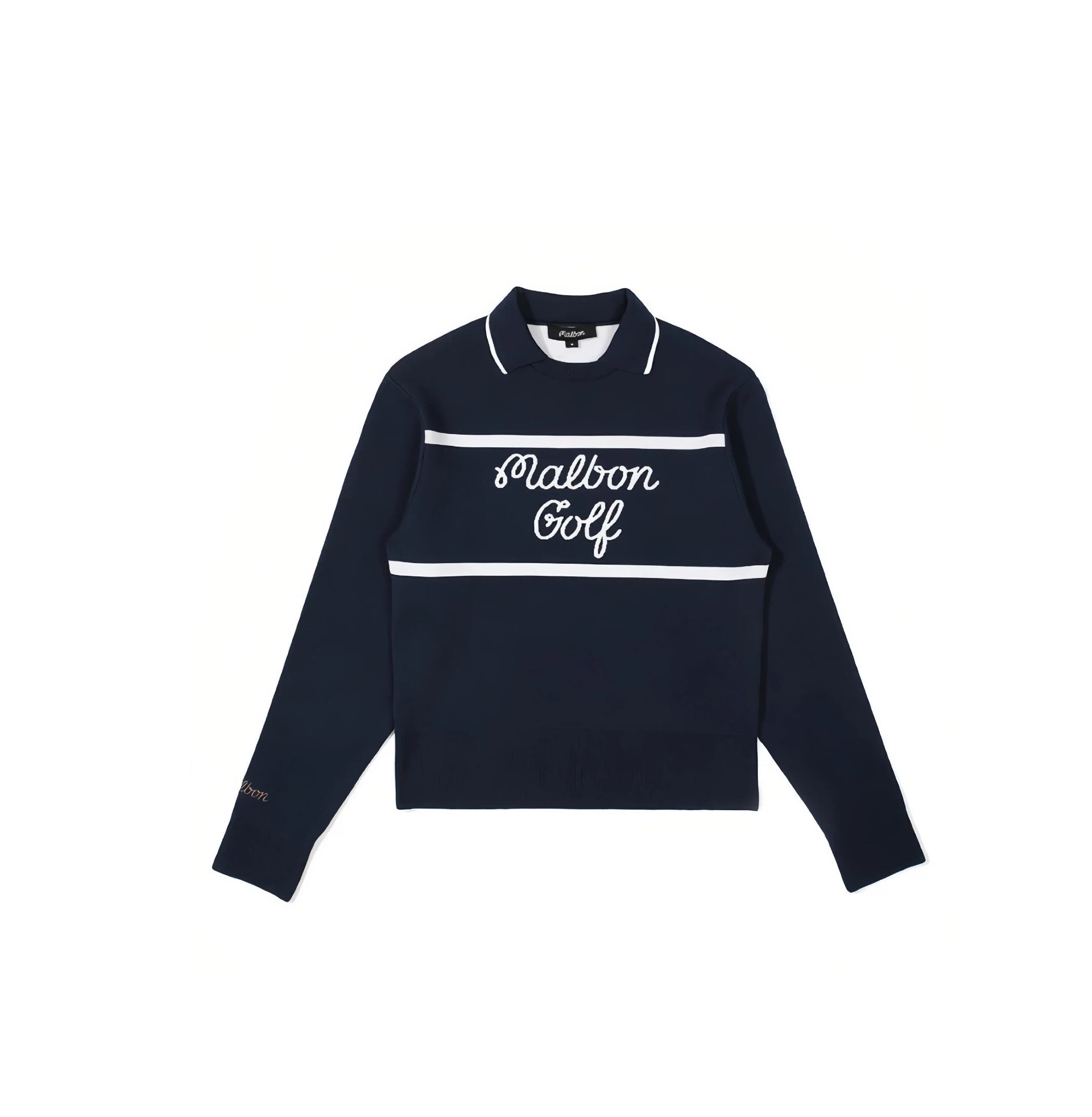 Malbon Women's Knit Golf Sweater Polo in navy blue — alternate colourway flat lay