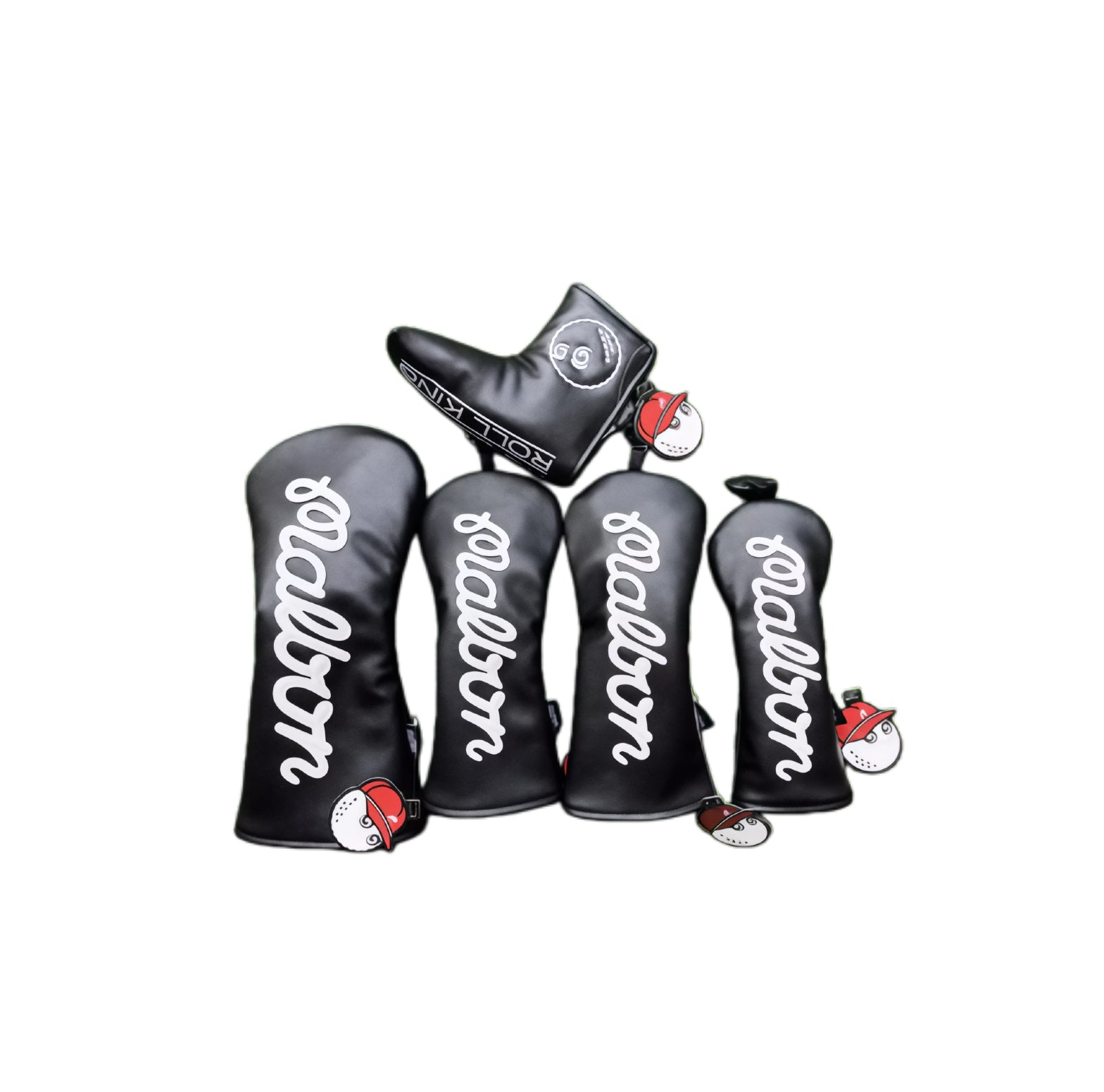Black Malbon Golf headcover set with white script logo plus Roll King blade putter cover and ball-and-cap charms