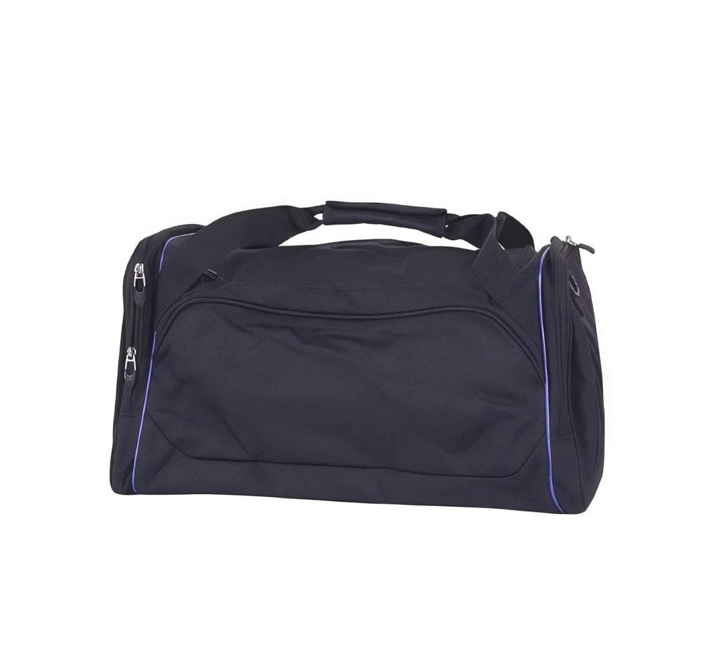 Rear view of black Mizuno Team duffel bag with purple piping detail and shoulder strap routed over top handles