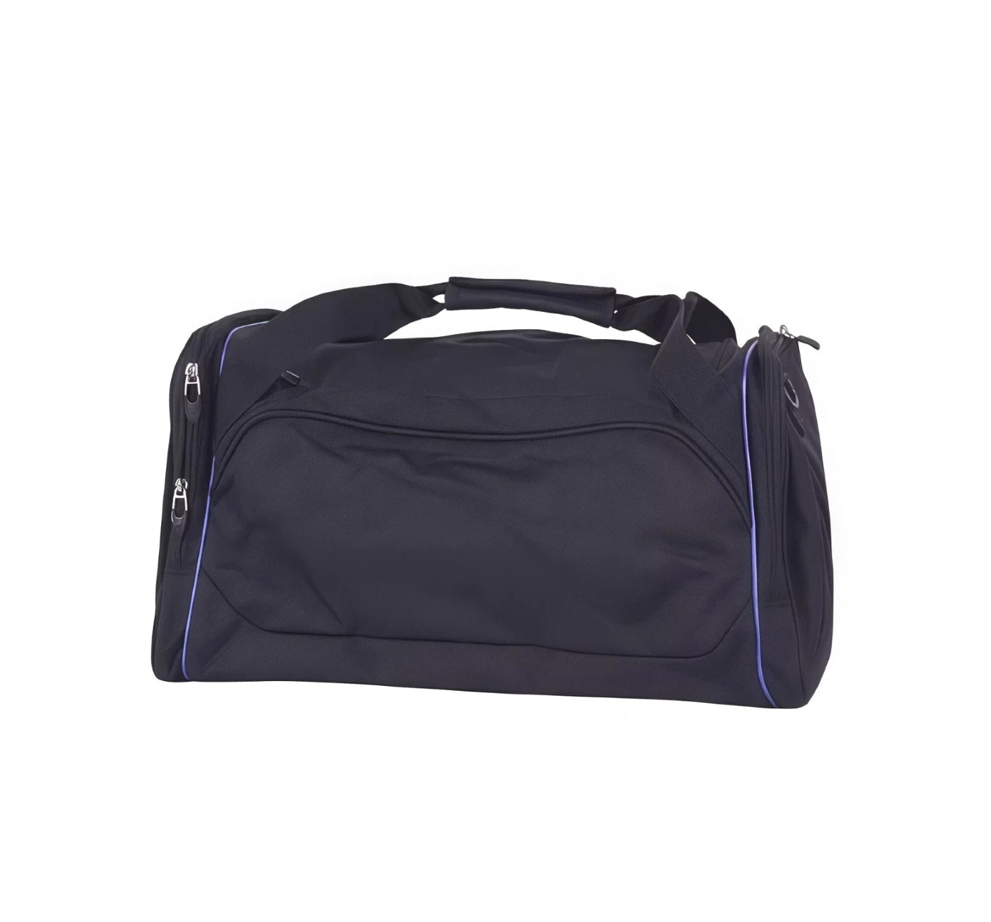 Rear view of black Mizuno Team duffel bag with purple piping detail and shoulder strap routed over top handles