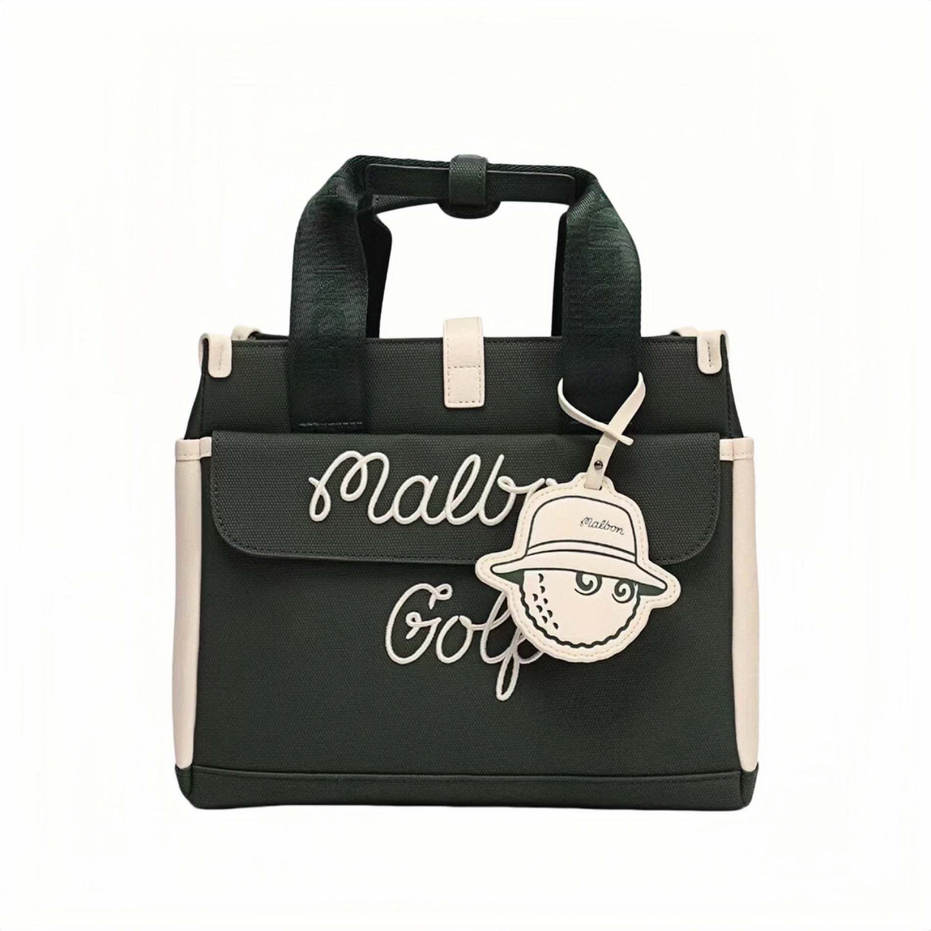 Dark green canvas Malbon Golf tote bag with embroidered Malbon Golf script, flap pocket and dangling bucket-hat mascot luggage tag, front view