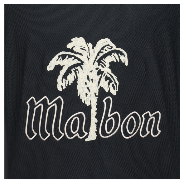Malbon men's Casual Letter Print Golf Polo in Navy Blue, lifestyle view