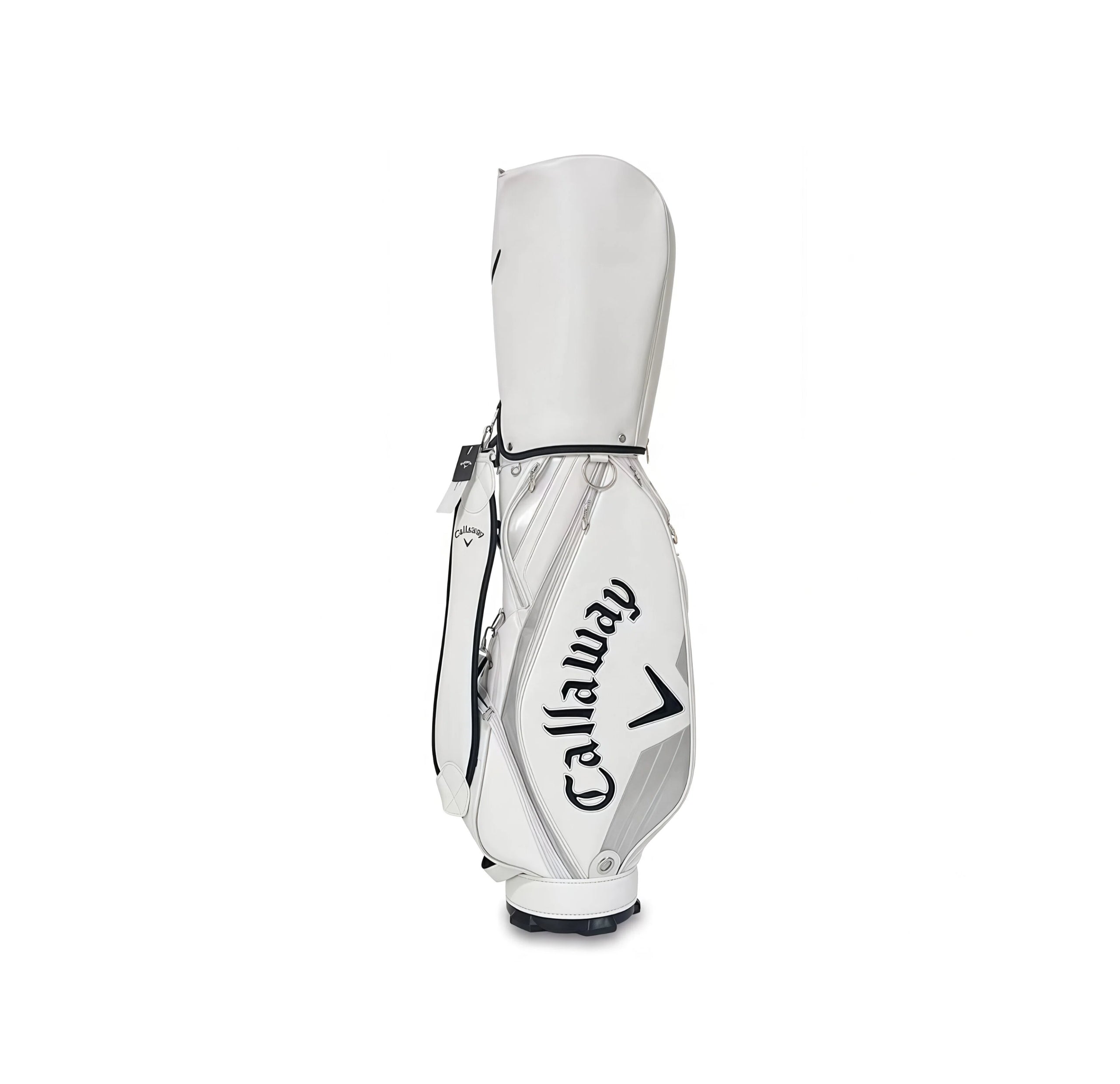 White and silver Callaway Quantum staff golf bag with hang tag, side view showing zipped pocket and chevron logo