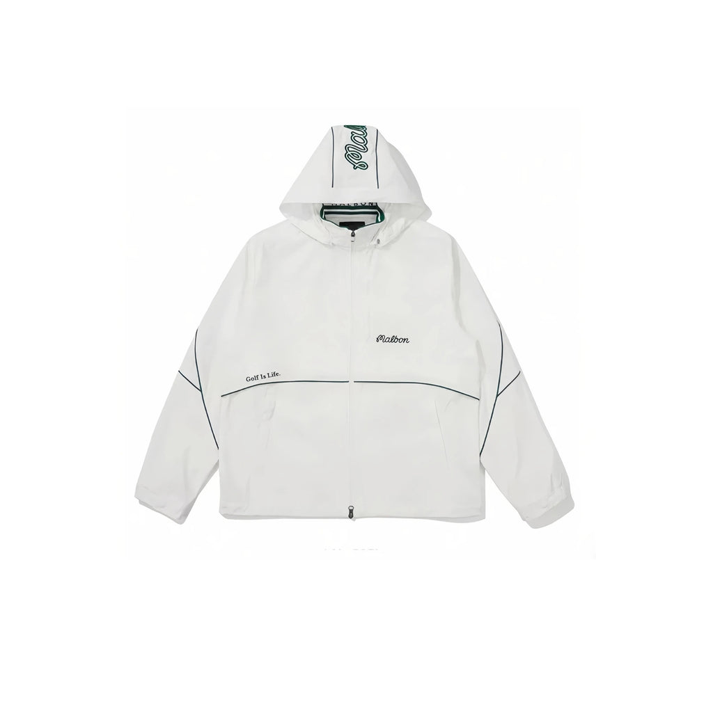 Malbon men hooded golf jacket in black front view