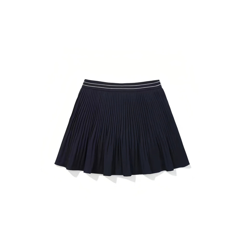Malbon Women's Knit Tennis Skirt in navy blue — flat lay showing pleated detail