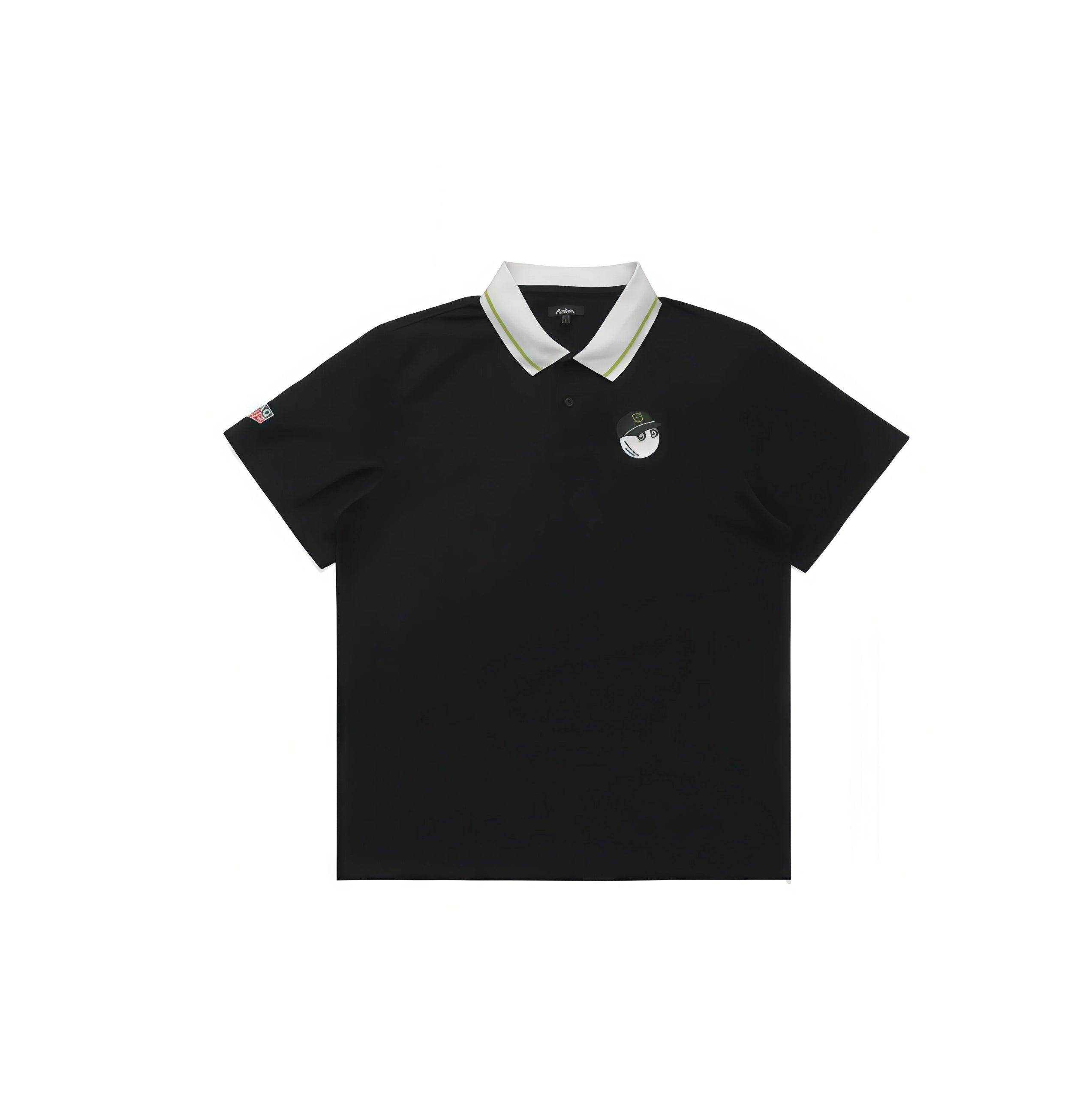 Black polo shirt with white collar and green logo on a white background#Black