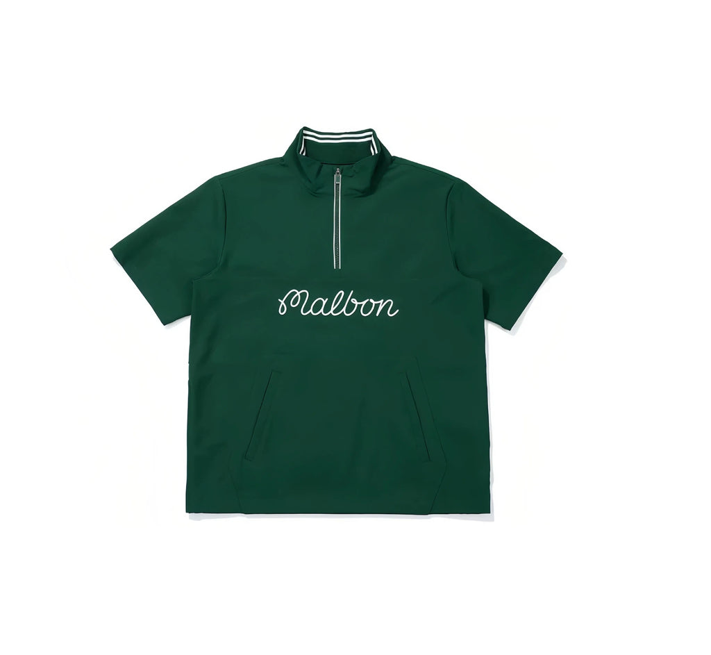 Malbon men half-zip stand collar golf polo fabric texture and stitching detail