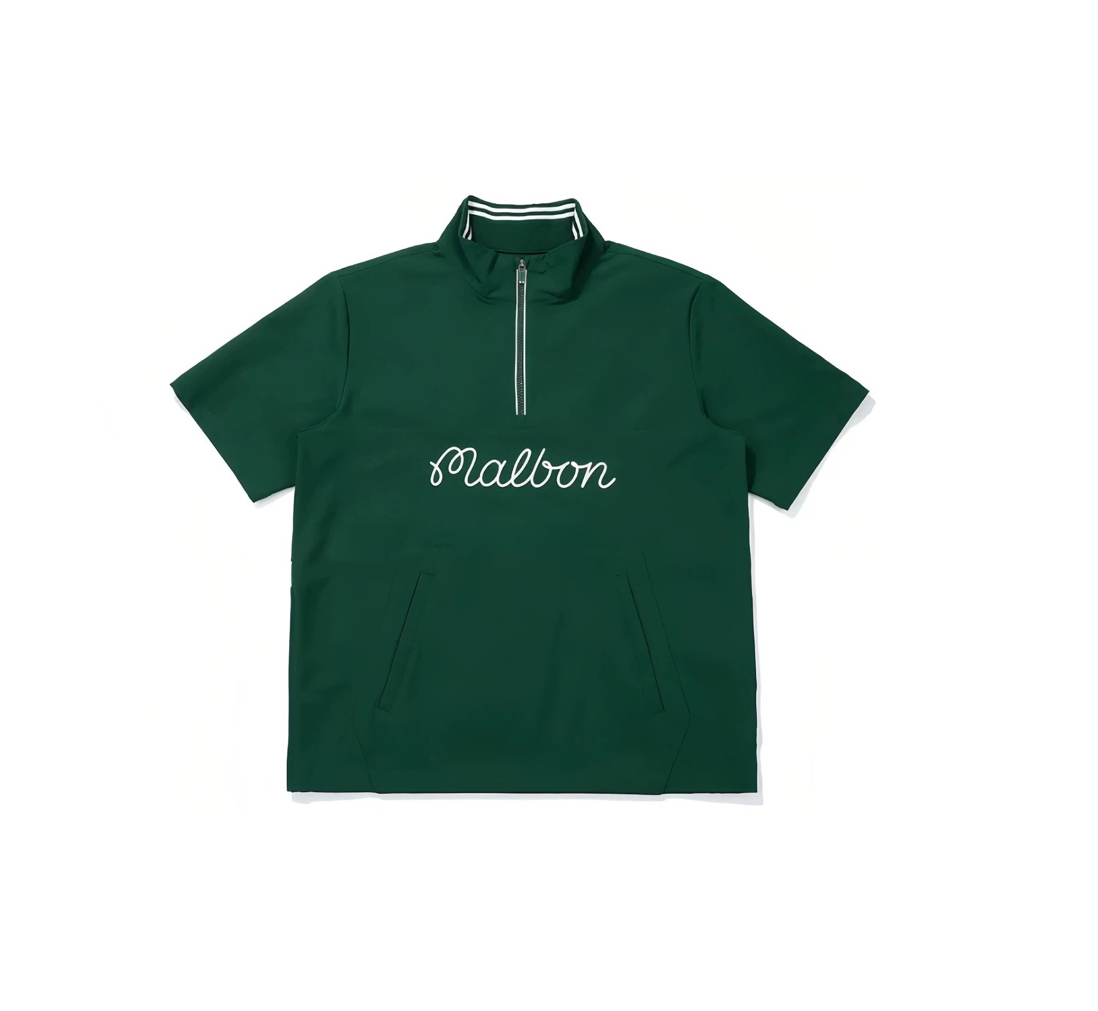 Malbon men half-zip stand collar golf polo fabric texture and stitching detail