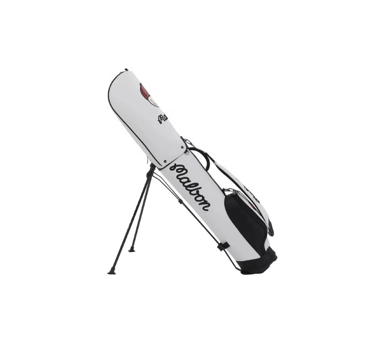 White Malbon Golf pencil stand golf bag with black script logo, tripod legs deployed and dual hat holder strap