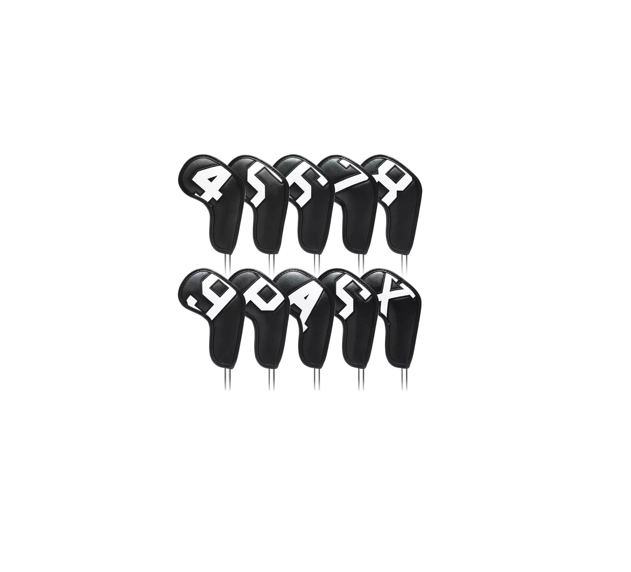 Black waterproof golf iron headcovers with bold white numbers 4-9, P, A, S, X, complete ten-piece set