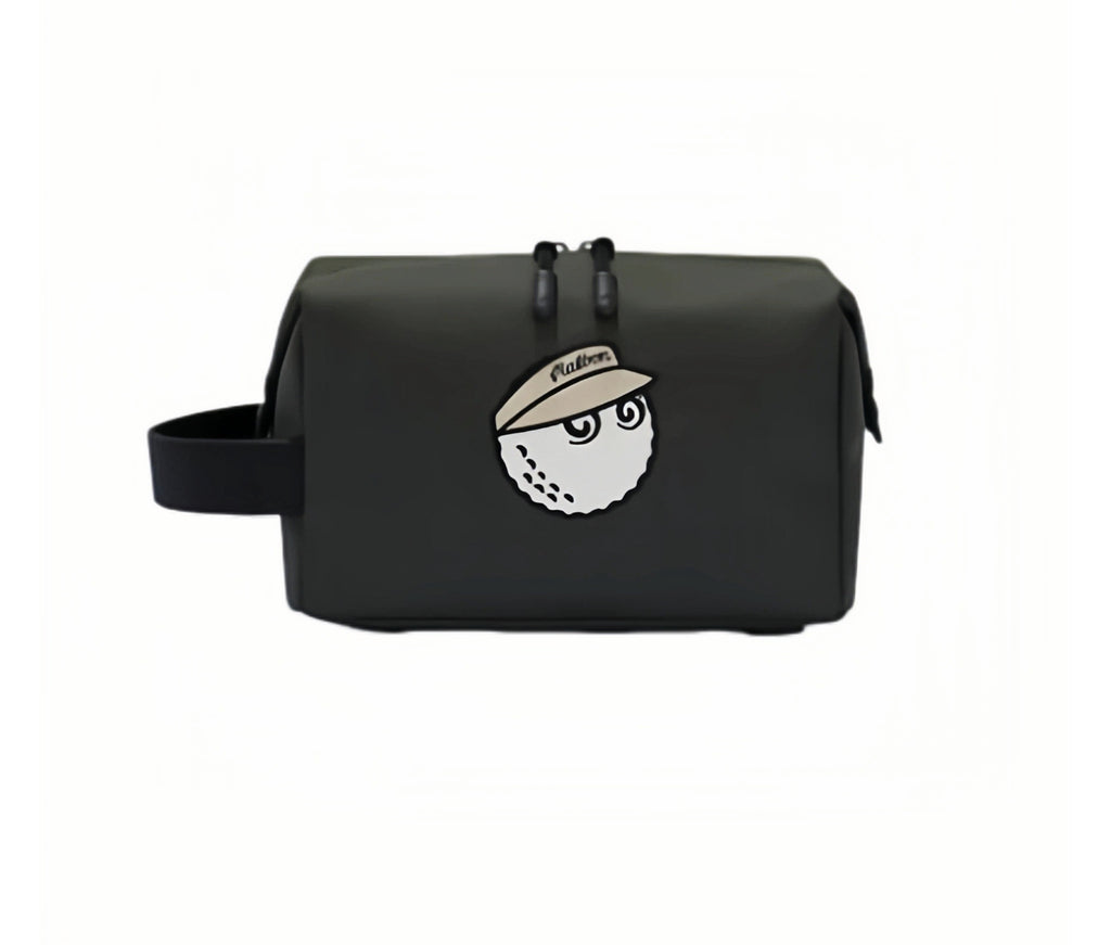 Black matte Malbon Golf mini handbag pouch with side carry strap, twin zip pulls and cream-visor Buckets mascot patch, front view