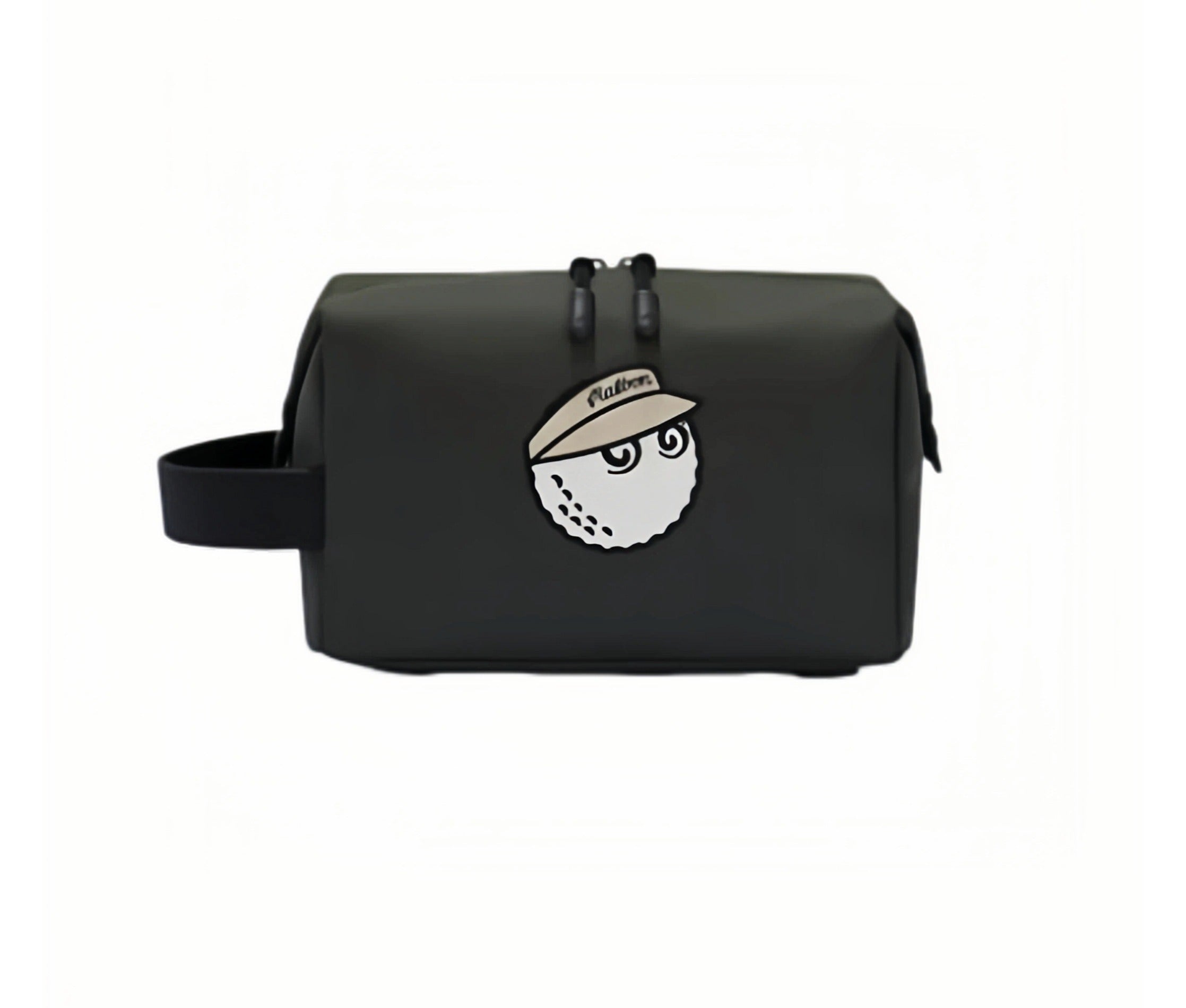 Black matte Malbon Golf mini handbag pouch with side carry strap, twin zip pulls and cream-visor Buckets mascot patch, front view