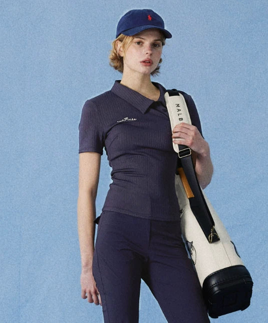 NowRose Navy cooling golf polo detail on model