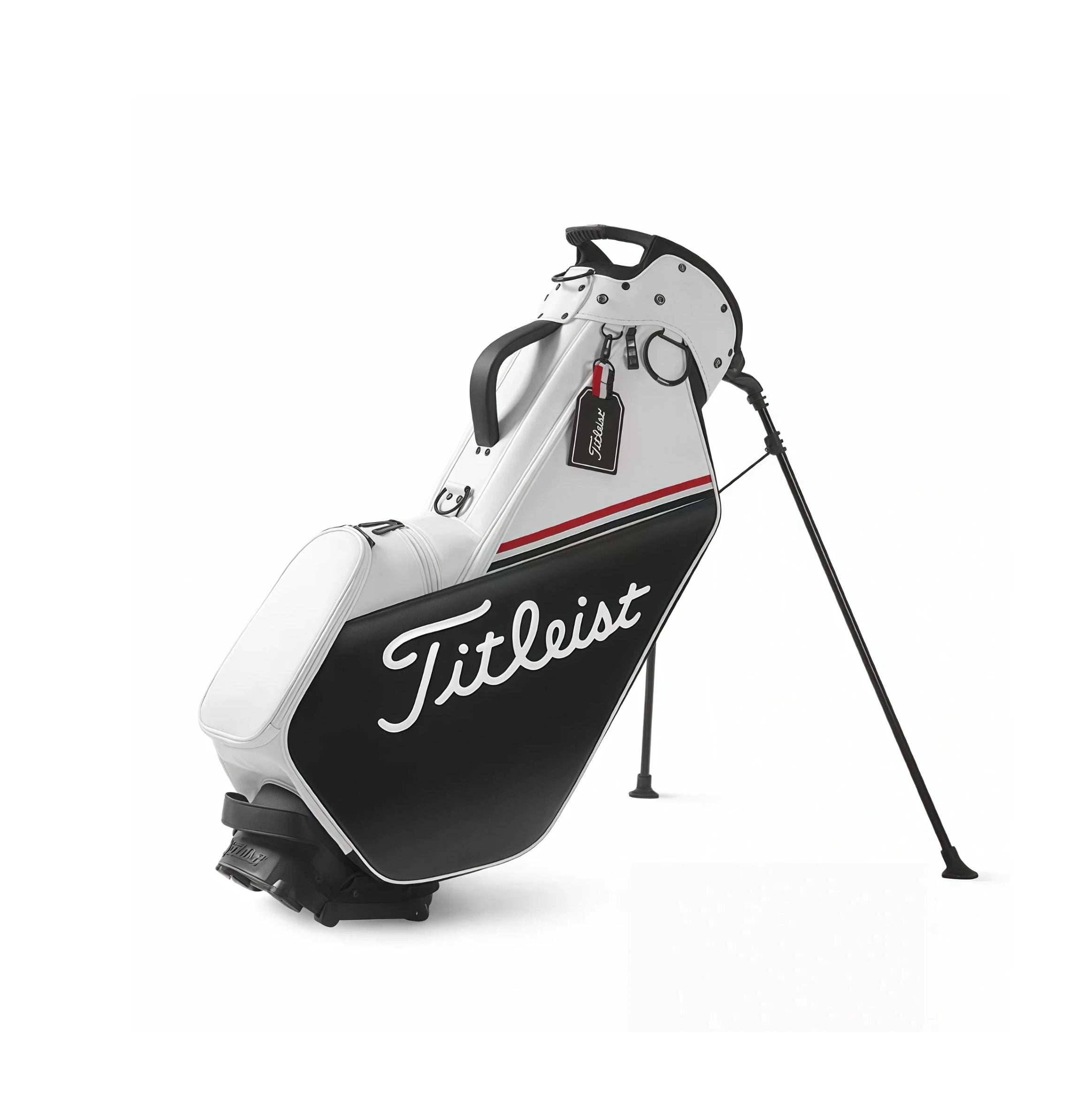 Titleist Players 4 Plus stand bag in black and white with red trim stripe, deployed legs and Titleist script logo on side