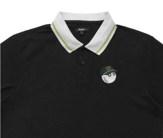Black polo shirt with white collar and green accents featuring a logo on a white background#Black