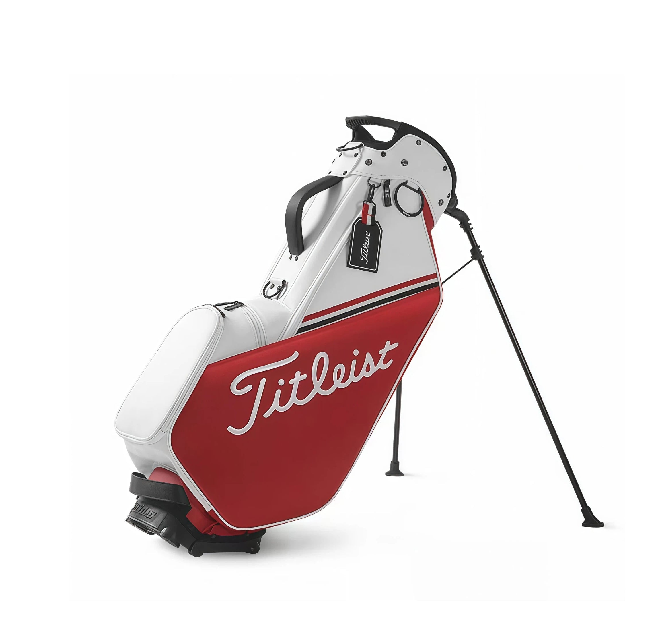 Titleist Players 4 Plus stand bag in red and white with script Titleist logo, stand legs out and branded leather hang tag