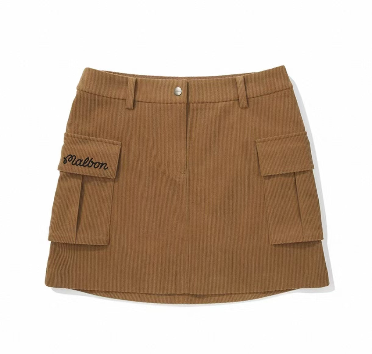 Malbon women's corduroy cargo A-line golf skort in Khaki, front view