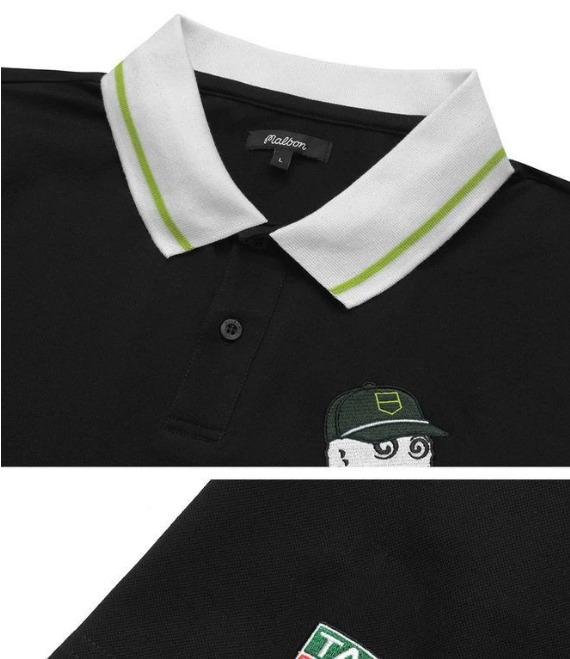 Black polo shirt with white collar and green accents, featuring a logo on the chest.#Black
