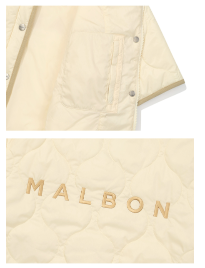 Malbon women's short-sleeve insulated padded golf jacket in Cream, fabric and hem detail