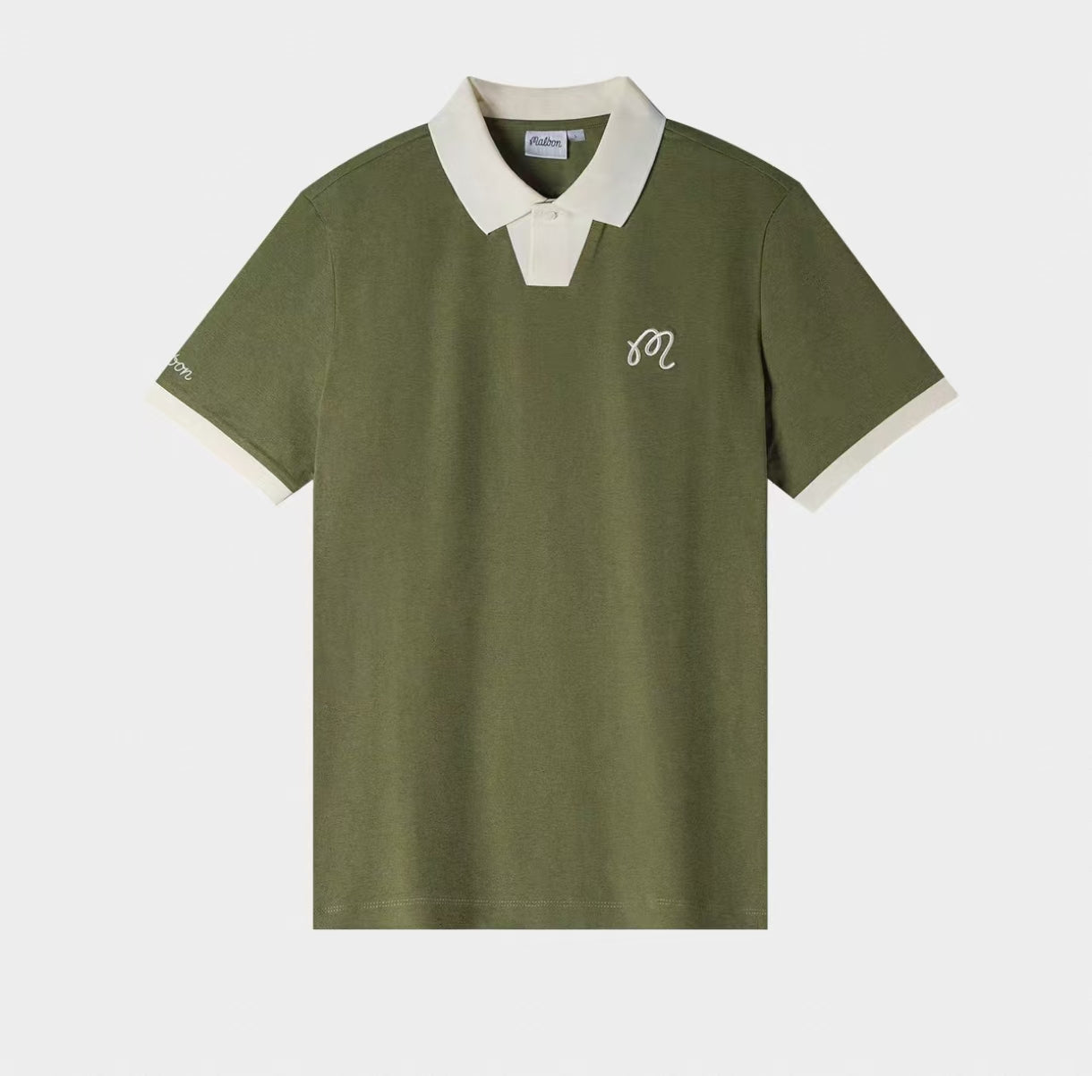 Malbon men's breathable pique casual golf polo shirt in Olive, front view
